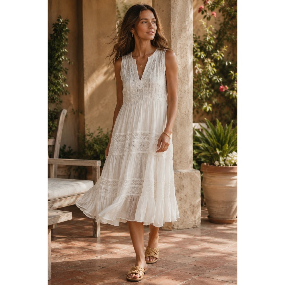 Sundance ZELIE Eyelet Lace Tiered Dress Women L White Sleeveless Midi V-Neck